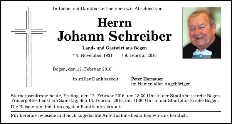 Traueranzeige Johann Schreiber