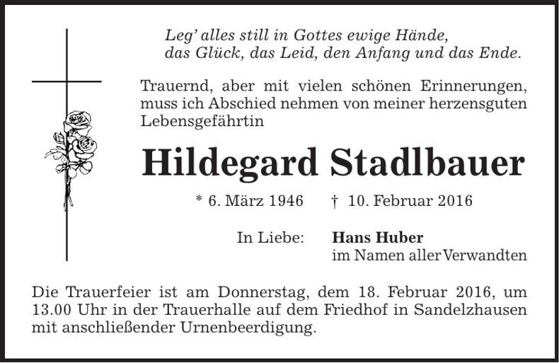 Traueranzeige Hildegard Stadtlbauer