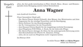 Traueranzeige Anna Wagner