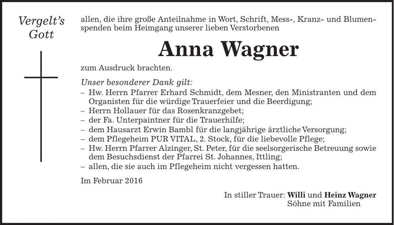 Traueranzeige Anna Wagner