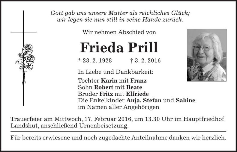 Traueranzeige Frieda Prill