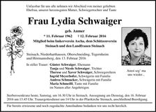 Traueranzeige Lydia Schwaiger