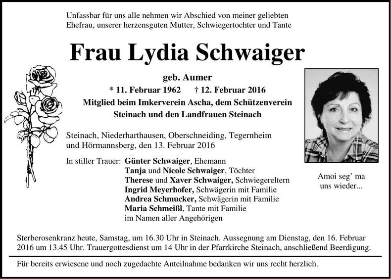Traueranzeige Lydia Schwaiger