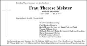 Traueranzeige Therese Meister
