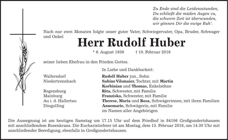 Traueranzeige Rudolf Huber