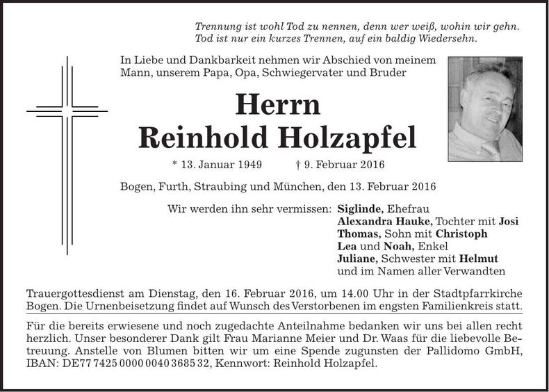 Traueranzeige Reinhold Holzapfel