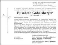 Traueranzeige Elisabeth Gabelsberger