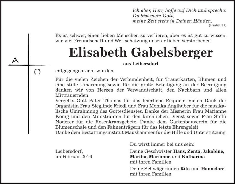 Traueranzeige Elisabeth Gabelsberger