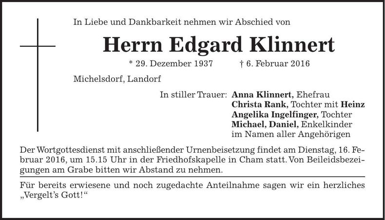 Traueranzeige Edgard Klinnert