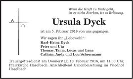 Traueranzeige Ursula Dyck