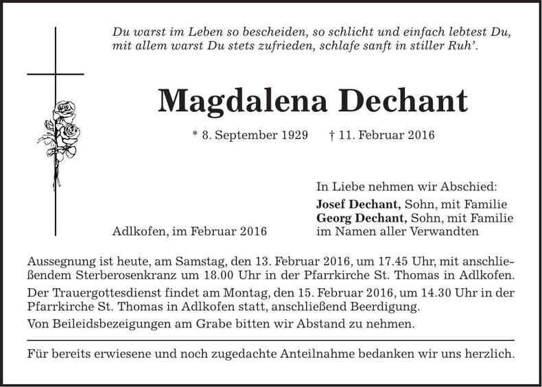 Traueranzeige Magdalena Dechant