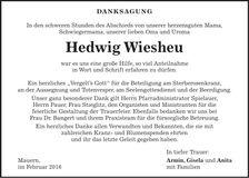 Traueranzeige Hedwig Wiesheu
