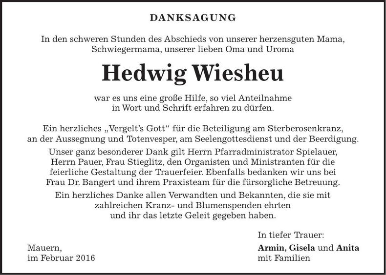Traueranzeige Hedwig Wiesheu