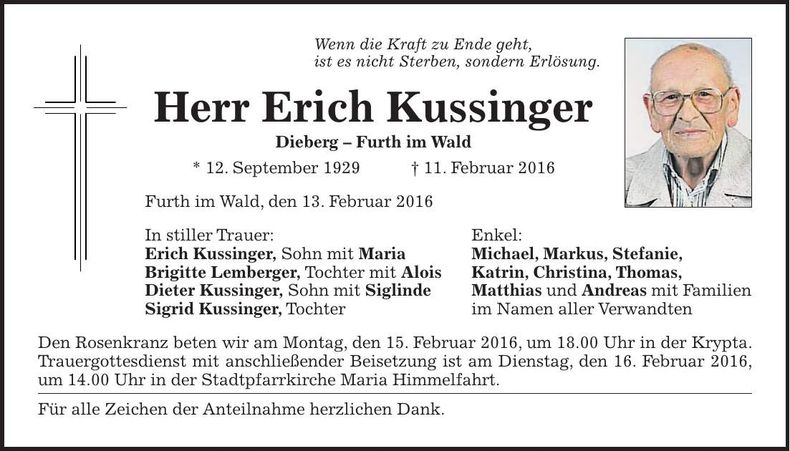 Traueranzeige Erich Kussinger