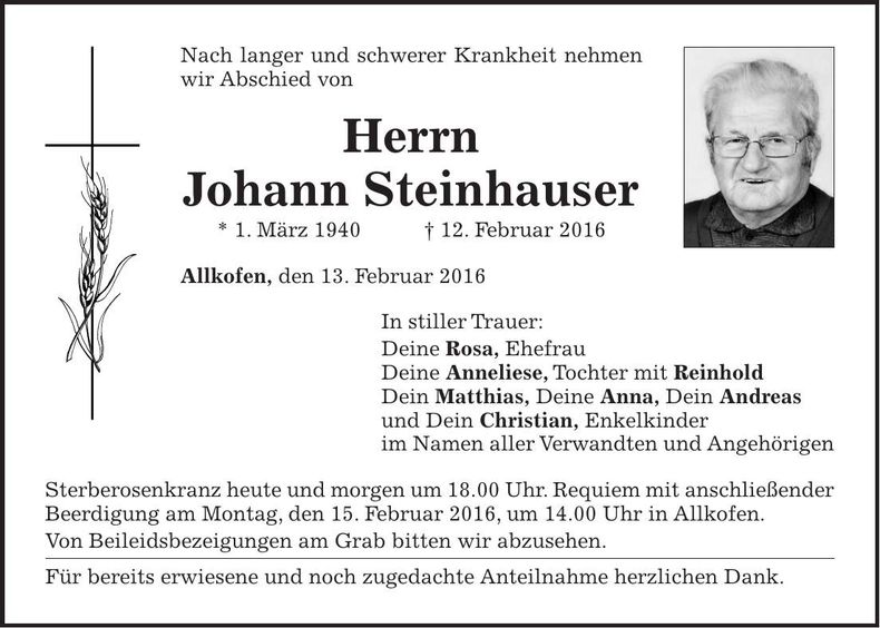 Traueranzeige Johann Steinhauser