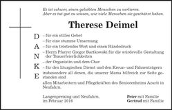 Traueranzeige Therese Deimel