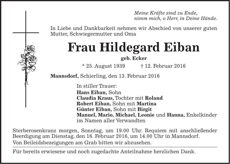 Traueranzeige Hildegard Eiban