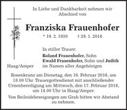Traueranzeige Franziska Fraunhofer