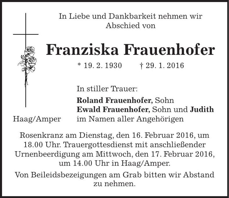 Traueranzeige Franziska Fraunhofer