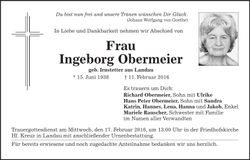 Traueranzeige Ingeborg Obermeier
