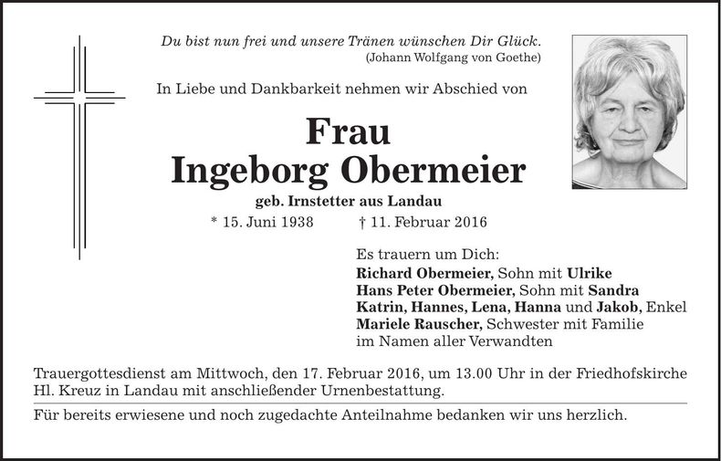 Traueranzeige Ingeborg Obermeier