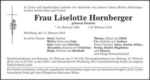 Traueranzeige Liselotte Hornberger