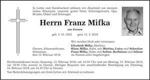 Traueranzeige Franz Mifka