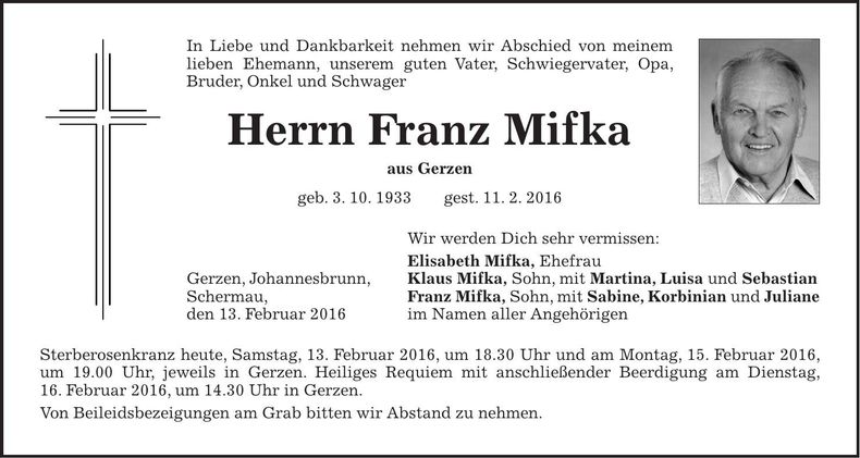 Traueranzeige Franz Mifka