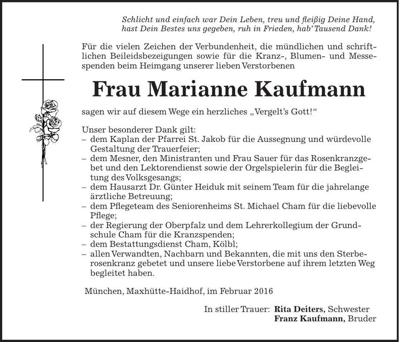 Traueranzeige Marianne Kaufamnn