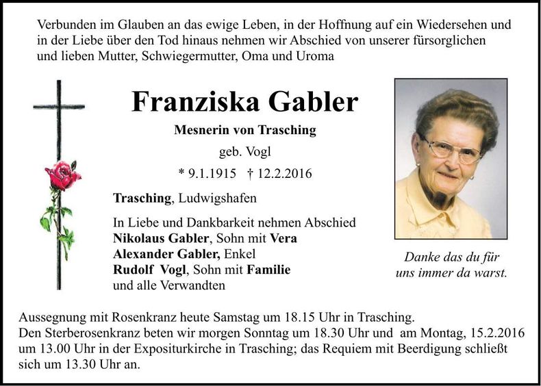 Traueranzeige Franziska Gabler