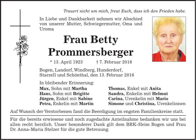Traueranzeige Betty Prommersberger