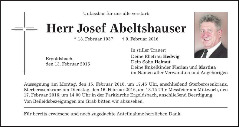 Traueranzeige Josef Abeltshauser