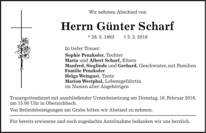 Traueranzeige Günter Scharf