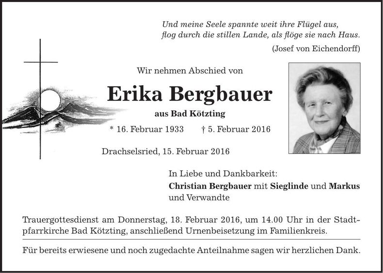 Traueranzeige Erika Bergbauer