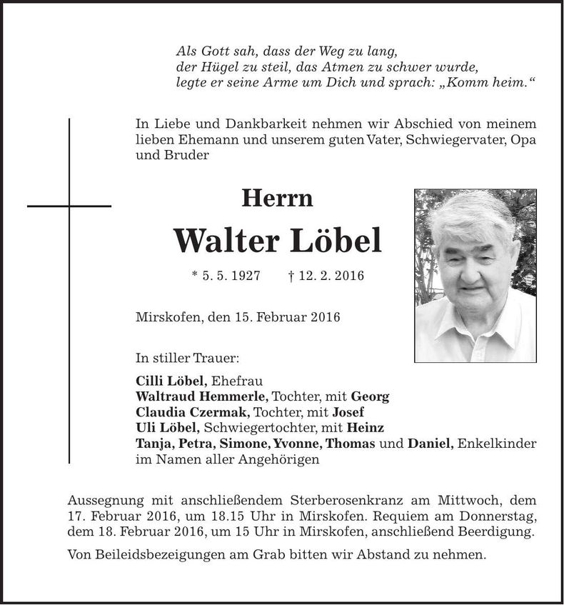 Traueranzeige Walter Löbel