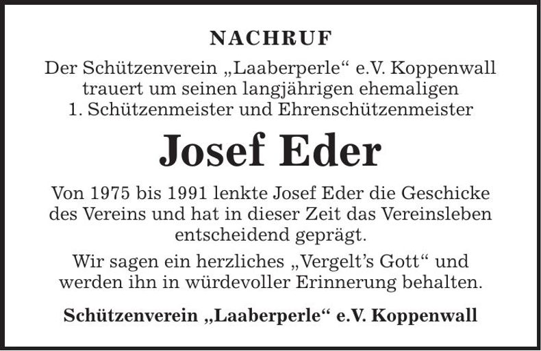 Traueranzeige Josef Eder
