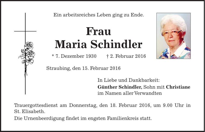 Traueranzeige Maria Schindler