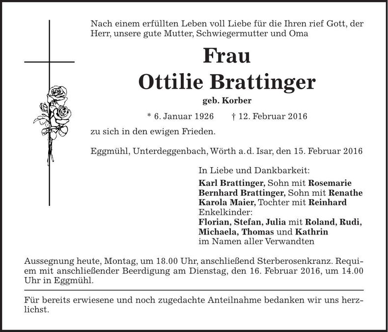 Traueranzeige Ottilie Brattinger