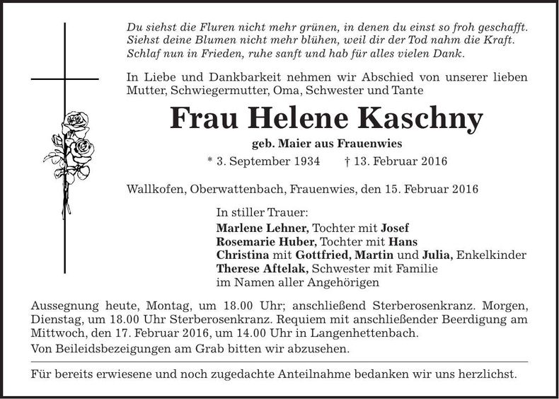 Traueranzeige Helene Kaschny