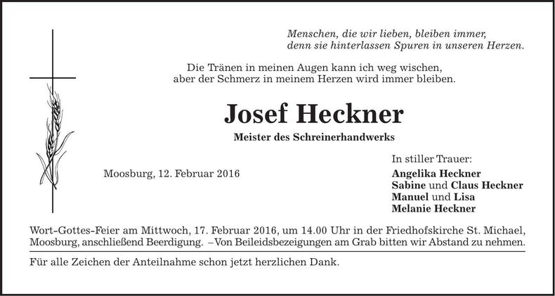 Traueranzeige Josef Heckner