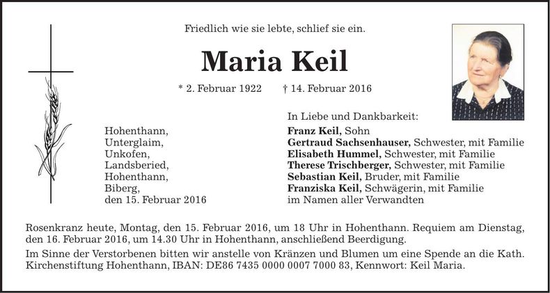 Traueranzeige Maria Keil