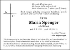 Traueranzeige Maria Spenger