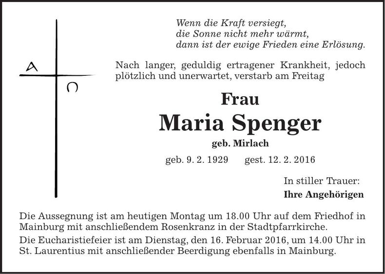Traueranzeige Maria Spenger