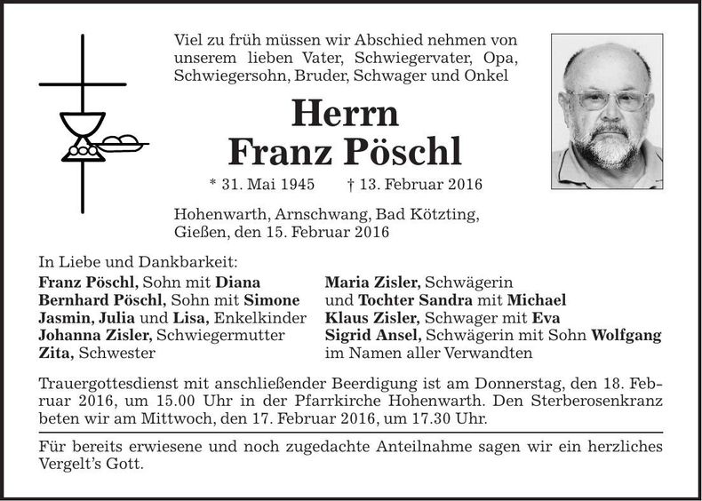 Traueranzeige Franz Pöschl