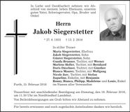 Traueranzeige Jakob Siegerstetter