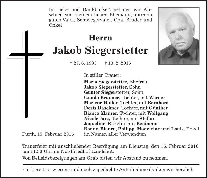 Traueranzeige Jakob Siegerstetter