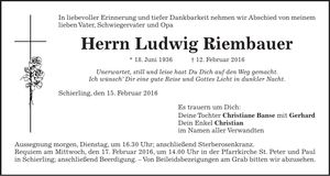 Traueranzeige Ludwig Riembauer