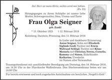 Traueranzeige Olga Seigner