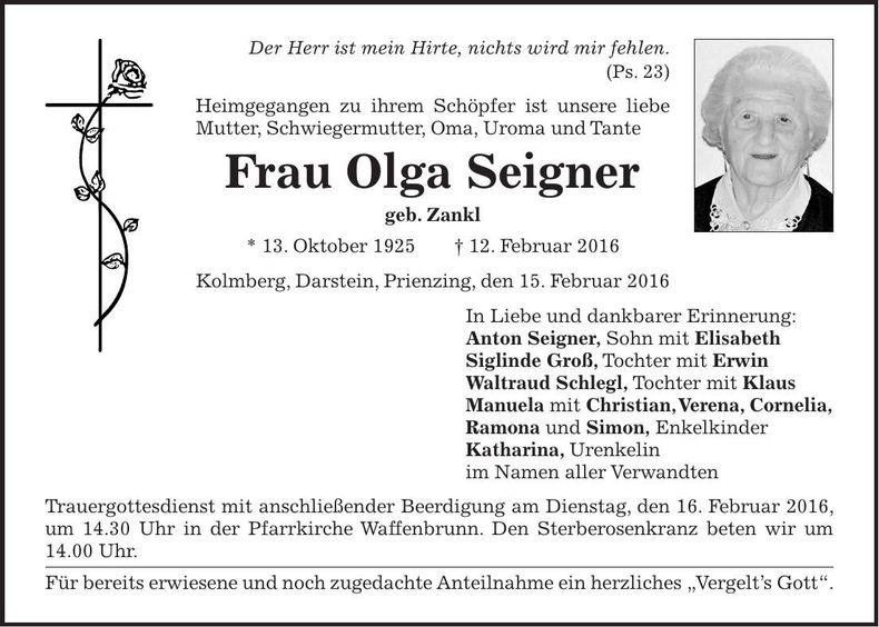 Traueranzeige Olga Seigner