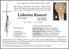 Traueranzeige Lidwinia Kunert